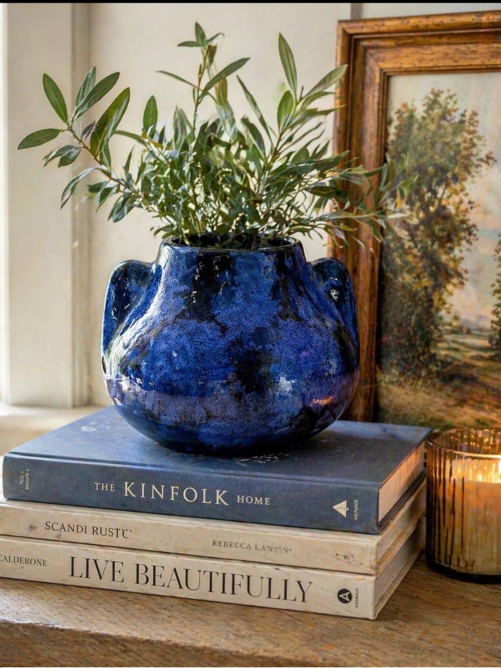 Cobalt Blue Mottled Pottery Vase | Planter. Artisan | Handled | Glazed | Studio